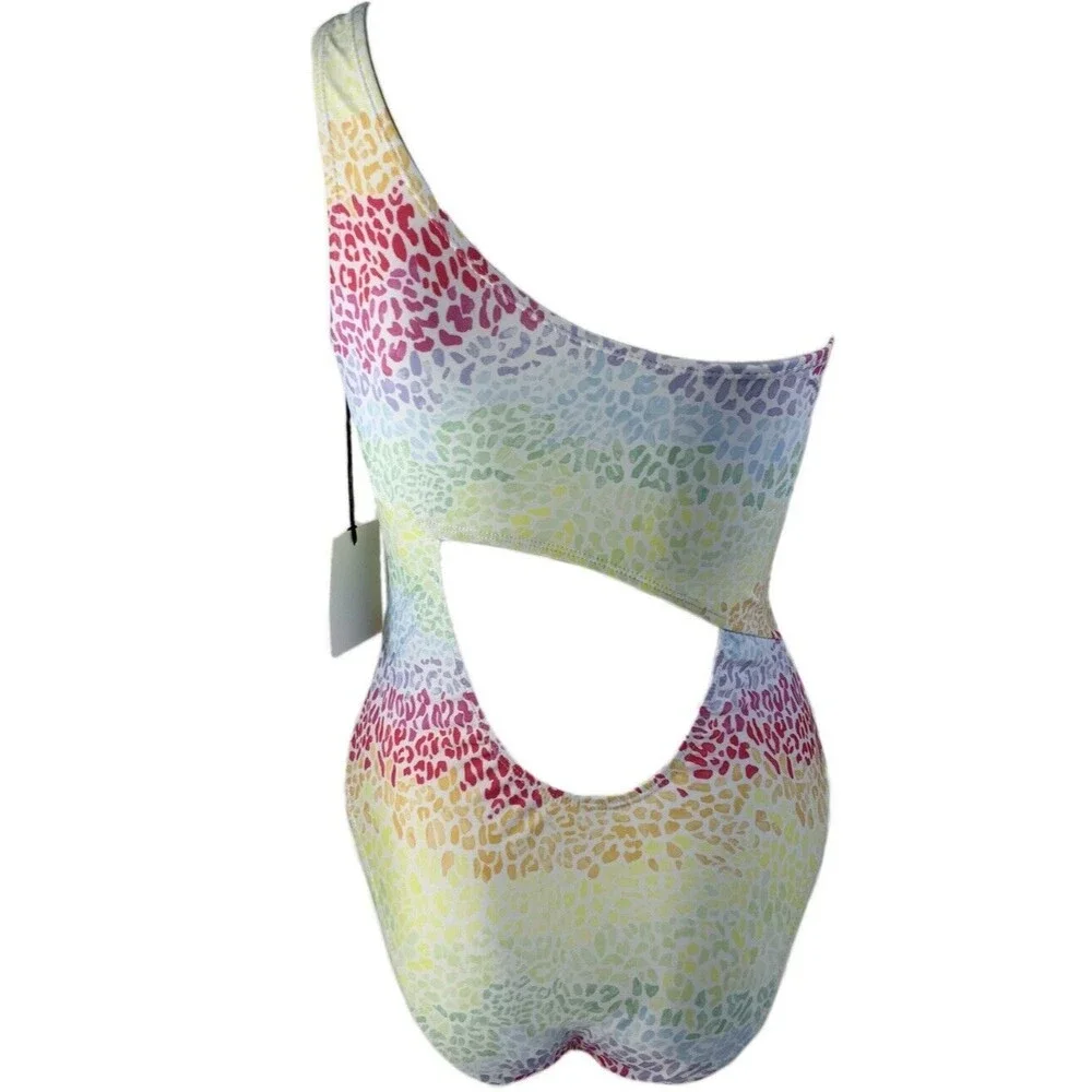 Onia Animal Print One Shoulder Swim Suit Pastel L